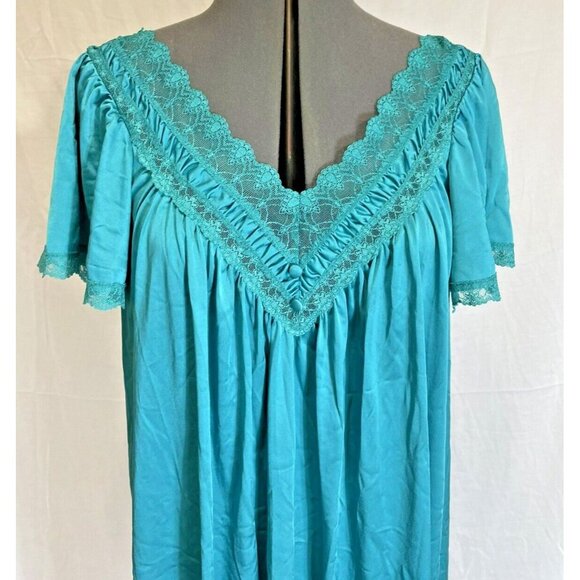 Vintage Miss Elaine Teal Nightgown Gown Lace M Medium Lingerie - Picture 8 of 9